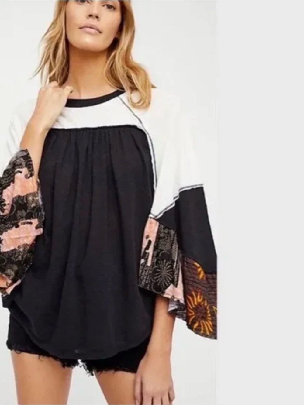 We The Free Black and White Boho Patchwork Bell Sleeve Tunic